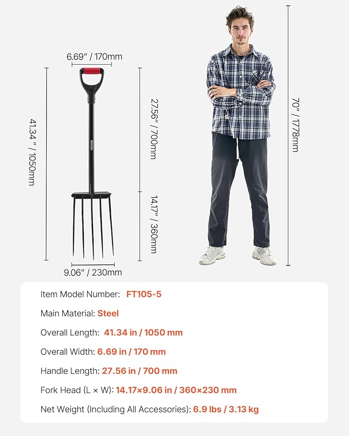 VEVOR Garden Fork, 5-Tine Gardening Pitchfork with Metal Handle, 41 in Heavy Duty Digging Fork with Y Grip, Forged Steel Spading Fork for Hay Potato Composting Transplanting Aeration