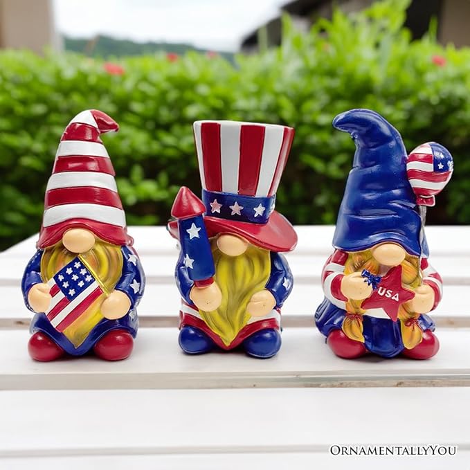 Spring & Summer-Themed Garden Statues – Adorable Outdoor Decor for Lawn, Patio & Porch (Patriotic Gnome Trio Figurines, 6" Set of Three Garden Statues and July 4th Decoration)