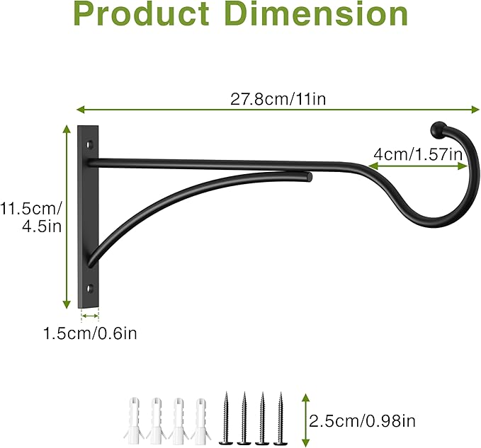 Outdoor Plant Hanging Hooks for Wall: 11 Inch Black Metal Bracket for Hanging Baskets, Bird Feeders, Wind Chimes, Flower Baskets, Yoga Mat, Lanterns. 2 Pack