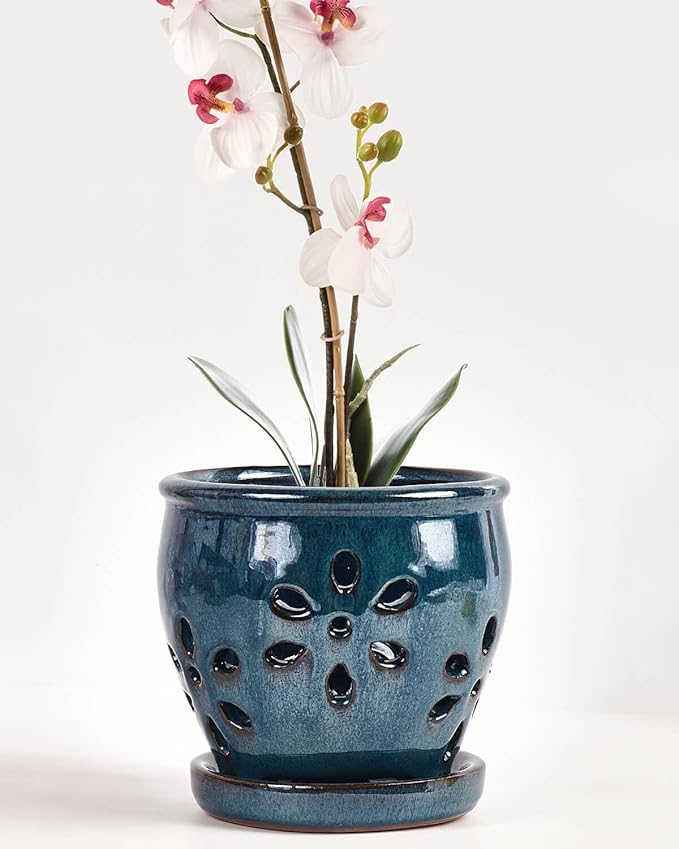 vensovo 5 Inch Ceramic Orchid Pots with Holes and Saucers - 1 Pcs Small Succulent Pot for Repotting, Garden Flowerpots for Plants Indoor and Outdoor Promotes Air Circulation, Blue