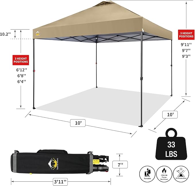 CROWN SHADES 10x10 Pop Up Canopy Tent - Patented Center Lock One Push Instant Outdoor Canopy Beach Tent with STO-N-Go Bag 8 Stakes & 4 Sand Bags，Khaki