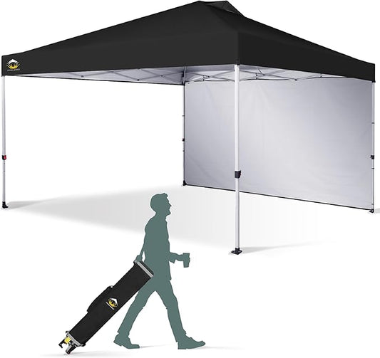 CROWN SHADES 12x12 Pop Up Canopy Tent Instant Commercial with 150D Silver Coated Fabric Including 1 Removable Sidewall, 4 Ropes, 8 Stakes, Weight Bags, STO 'N Go Bag, Black