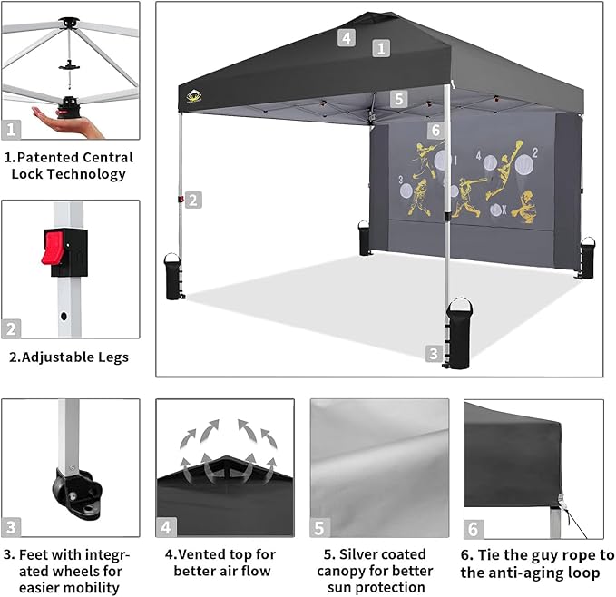 CROWN SHADES 10x10 Pop Up Canopy Tent with Game Netting - Beach Tent with One Push Setup - Outdoor Sun Shade for Events, Parties, Camping with STO-N-Go Cover Bag, Silver Coated Top, Grid Grey
