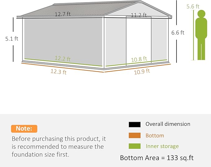Outsunny 11' x 13' Outdoor Storage Shed, Garden Tool Metal Shed with Foundation Kit, Double Lockable Door, Air Vents and Sloping Roof, for Backyard, Patio, Lawn, Dark Gray
