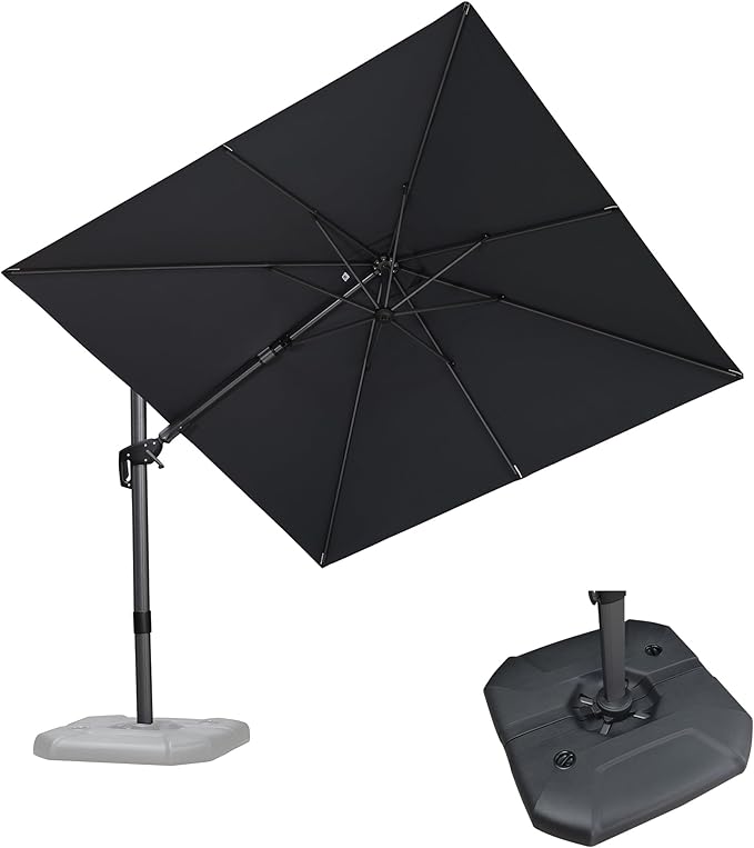 PURPLE LEAF 8.8' X 8.8' Left-right Tilt Patio Umbrella with Base Outdoor Cantilever Swivel Square Umbrella with Tilt Aluminum Offset Umbrella with 360-degree Rotation for Garden Deck Pool Patio Grey