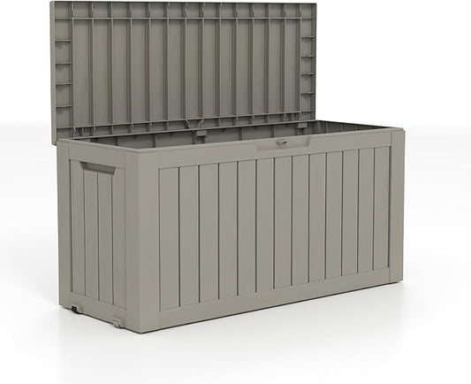 90 Gallon Lockable Resin Deck Box with Wheels, Waterproof & UV-Resistant Outdoor Storage Box for Outdoor Cushion Storage, Garden Tools & Pool Accessories Storage, Gray