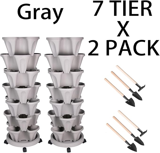 Vertical Planter 7 Tier Stackable Planters Garden Planters Strawberry Herb Flower and Vegetable Planter Indoor Outdoor Gardening Pots with Removable Wheels and Tools 2-Pack