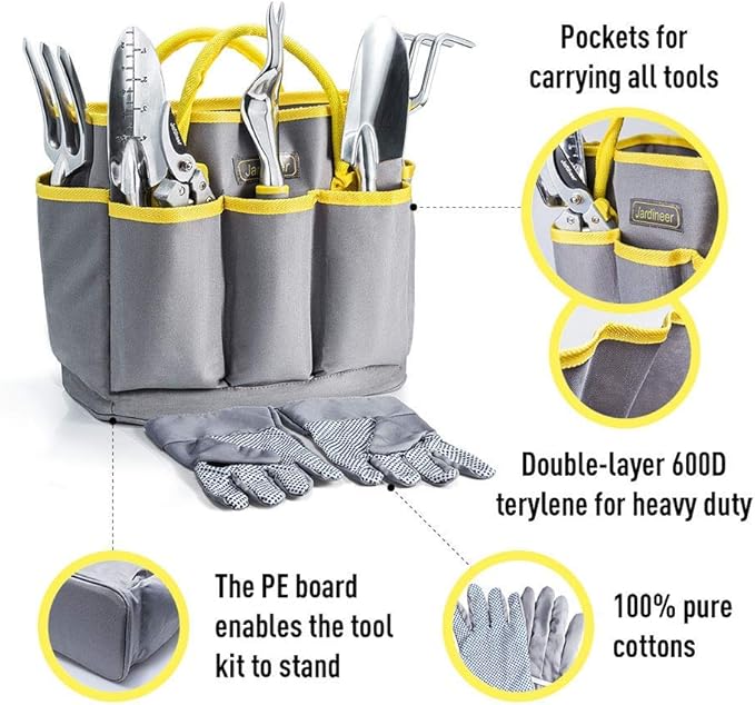 Jardineer Garden Tools Set, 8PCS Heavy Duty Garden Tool Kit with Outdoor Hand Tools, Garden Gloves and Storage Tote Bag, Gardening Tools Gifts for Women and Men