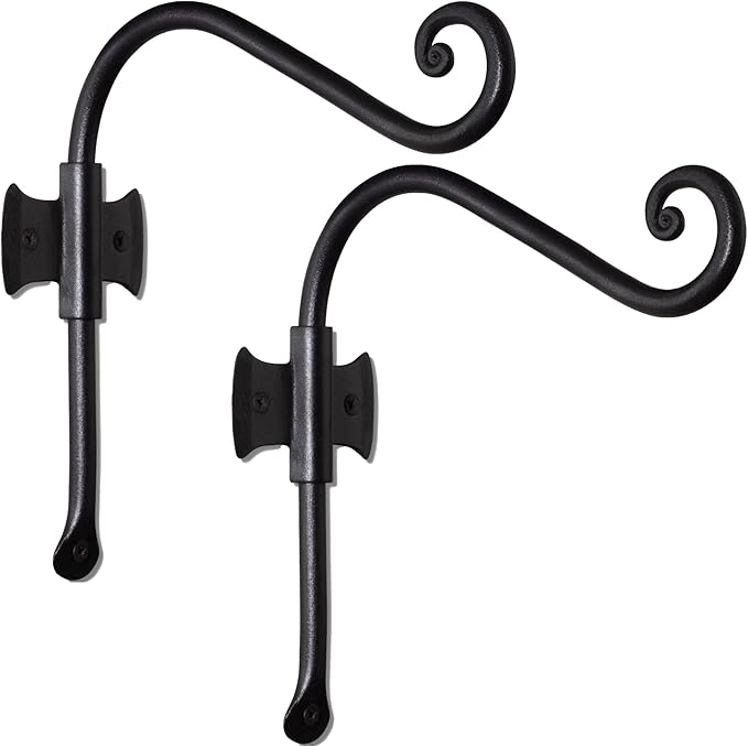 RTZEN Plant Hangers Outdoor or Indoor - Wrought Iron Metal Hanger Indoor Hook - Heavy Duty Wall Bracket Hooks for Hanging Plants Baskets Lanterns Wind Chimes - 2 Pack (Black Axe-Shape Hooks)