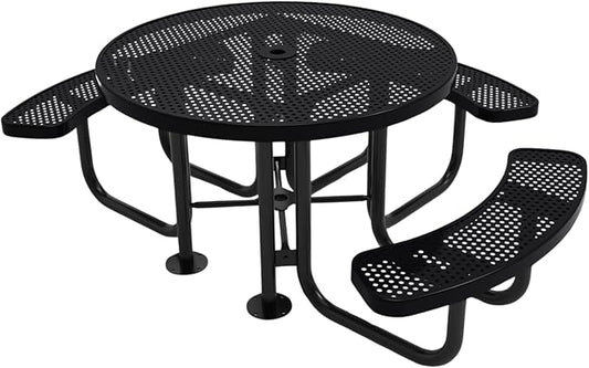 Heavy-Duty Portable Outdoor Picnic Table with Umbrella Hole, Punched Steel Patio Dining Furniture Made in America (46" Round Top, Black)