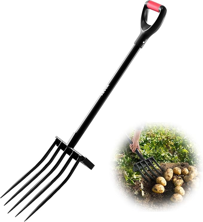 VEVOR Garden Fork, 5-Tine Gardening Pitchfork with Metal Handle, 41 in Heavy Duty Digging Fork with Y Grip, Forged Steel Spading Fork for Hay Potato Composting Transplanting Aeration