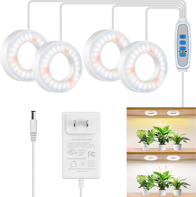 Ceiling Grow Lights for Indoor Plants, 192 LEDs Full Spectrum Plant Lights for Indoor Growing with 6/12/16H Timer, Cable Clips for Tidy Setup, 3.54" Grow Lamp for Small Plants (4-Head)