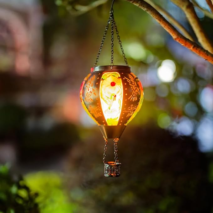 Starsoul Hummingbird Hot Air Balloon Solar Lantern Metal & Glass Solar Hot Air Balloon Hanging Garden Light Waterproof Outdoor Lantern for Patio Yard Party Decorations