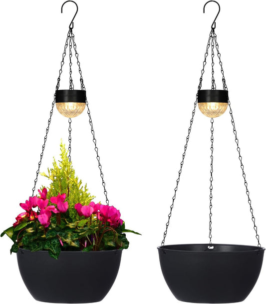 2 Packs Solar Hanging Basket Planters for Plants Outdoor, Self Watering Black Flower Plants Pots with Solar Light Drainer for Balcony Patio Garden Outdoor Decoration