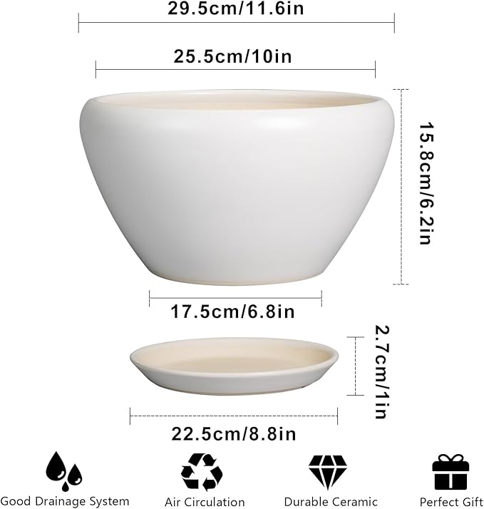 Ceramic Planter for Indoor Plants - 11 Inch Plant Pot with Drainage Hole and Saucer Decorative Round Large Planter Pot for Plants Outdoor Flower Pot for Garden White