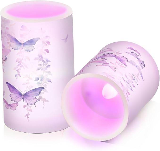Flickering Flameless Candles, Butterflies Purple LED Candles with Remote Timer, Set of 2 Battery Operated Candle for Valentine Wedding Birthday