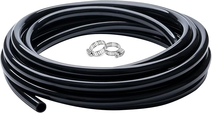 3/8" id - 25ft Black Vinyl Tubing Flexible PVC Tube Hybrid Hose Transfer Water Fuel Gas for Pond Fountain Garden Waterfall, Durable and Safe, with 2 Hose Clamps