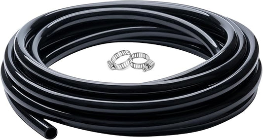 3/8" id - 25ft Black Vinyl Tubing Flexible PVC Tube Hybrid Hose Transfer Water Fuel Gas for Pond Fountain Garden Waterfall, Durable and Safe, with 2 Hose Clamps