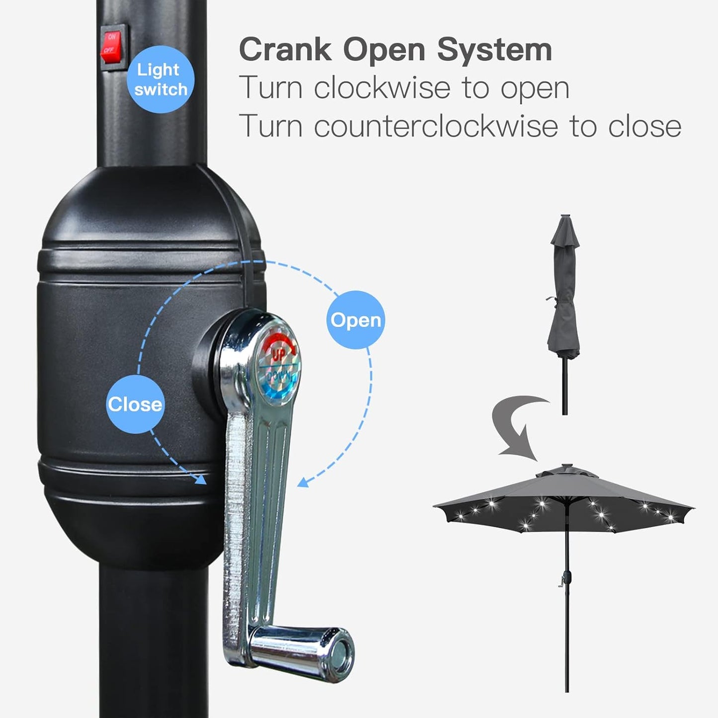 Sunnyglade 9' Solar LED Lighted Umbrella with 8 Ribs Adjustment and Crank Lift System for Patio (Grey)