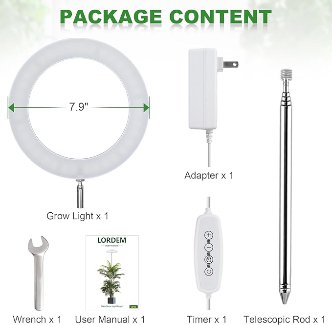 LORDEM Grow Light for Indoor Plants, 7.9" Full Spectrum LED Plant Grow Light, Height Adjustable Growing Lamp with Auto Timer 4H/8H/12H, 6 Dimmable Levels, Ideal for Indoor Large Tall Plants Growth