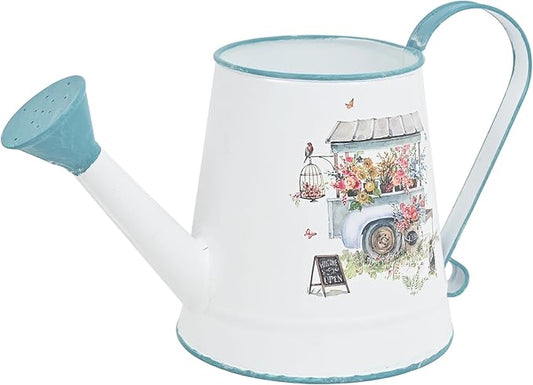 Cute Small Watering Can Indoor Plants Garden Metal Decorative Watering Cans for Outdoor Plants Bonsai Outdoor Garden Flower Decorative (White Blue, 1.5L, 50.7 Oz)