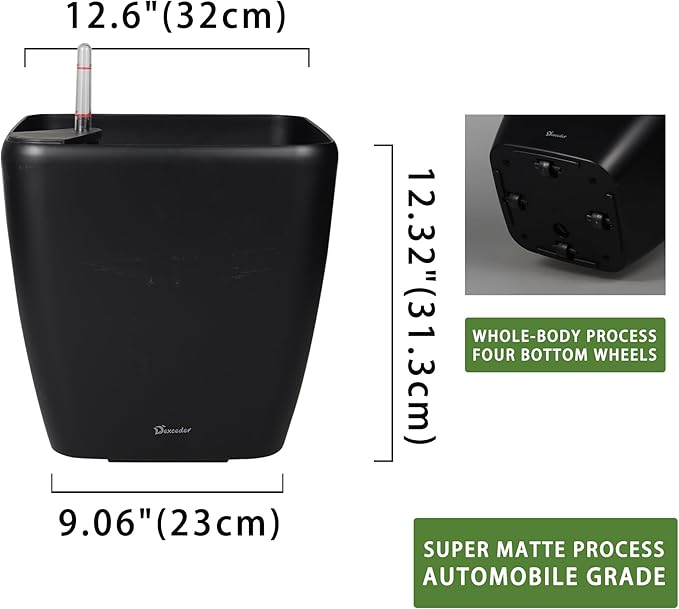 Dexceder 13x12 Self Watering Planter with Wheels Indoor Outdoor, Inner Mat Design, Thickened Large Floor Standing Flower Plant Pot with Water Level Indicator (Black Matte)