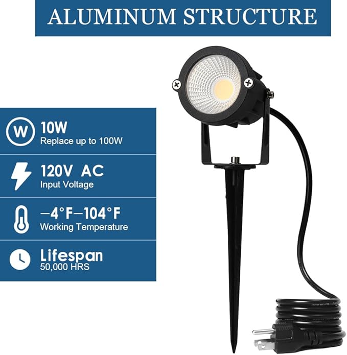 9W LED Landscape Lighting,LED Landscape Spotlight Outdoor for Flag Pole Light,Plug in Landscape Lights Warm White for Garden Decorative Lamp 6FT Cord US 3 Prong (Base,Stake Included) 2Pack