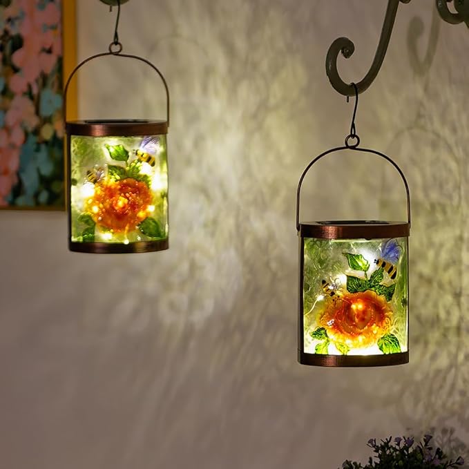 Starsoul 2 Pack Hanging Solar Lantern Outdoor Waterproof Glass Bee and Flowers Decorative Solar Lights for Outside Garden Yard Table Patio Decor