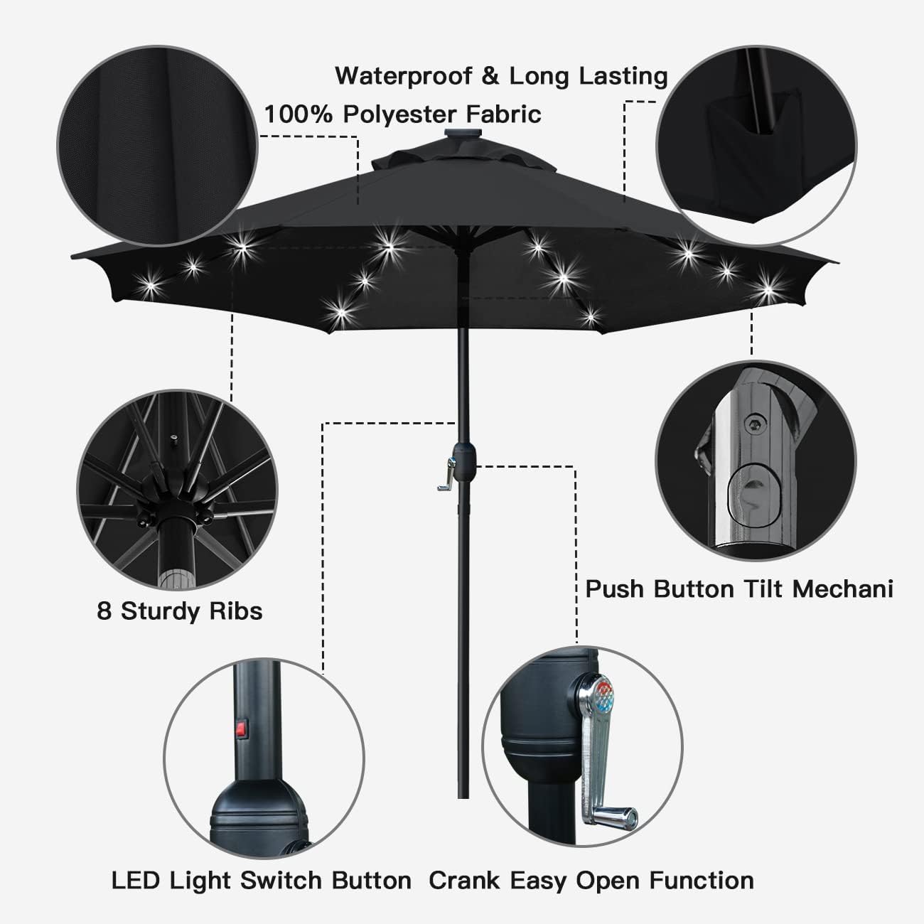 Sunnyglade 9' Solar LED Lighted Patio Umbrella with 8 Ribs/Tilt Adjustment and Crank Lift System (Black)