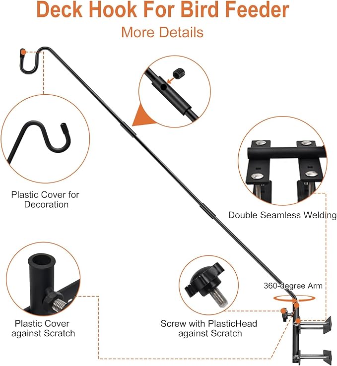 Heavy Duty Deck Hook-Deck Railing Plant Hanger, 29 to 43 Inch Extended Bird Feeder Hanger W/Double Clamps,Versatile Deck Shepherd Hook for Hanging Bird Feeders,Lanterns,Planters etc.