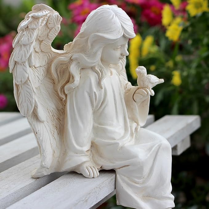Angel Garden Statue, Sitting Angel Sculpture, Resin Angel with Bird Figurine for Patio Yard Porch Lawn Outdoor Decor Home Shelf Sitter Memorial Spiritual Gifts