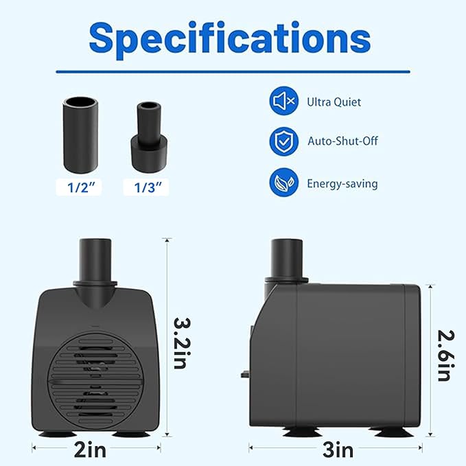 Submersible Pump 200GPH with AUTO-Shut-Off 5.2ft High Lift for Fountains, Hydroponics, Ponds, Aquariums & More