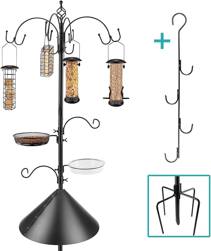 Bird Feeding Station Kit Bird Feeder Pole Wild Bird Feeder Kit with Squirrel Baffle and Suet Cage Mesh Tray Fruit Hook Double W Hook for Attracting Wild Birds