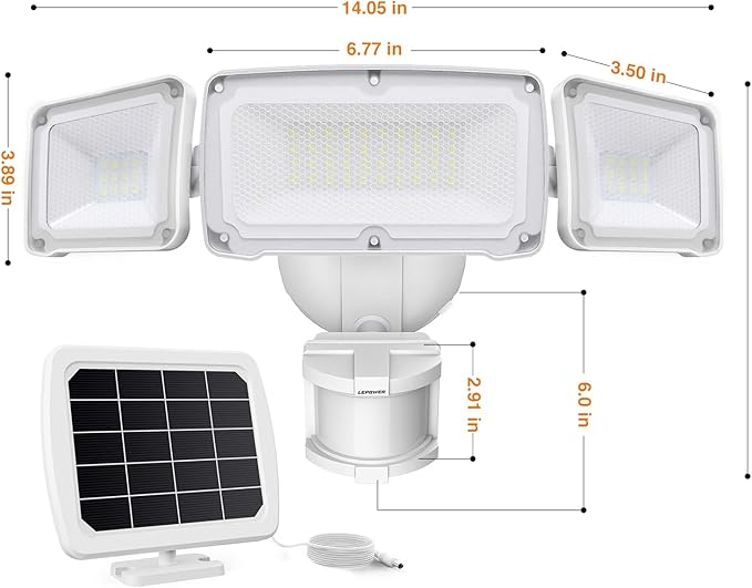 LEPOWER 1600LM LED Solar Security Lights Motion Outdoor, Motion Sensor Light, 5500K White Light, IP65 Waterproof Outdoor Flood Solar Light with 3 Adjustable Head for Yard, Garage（White）