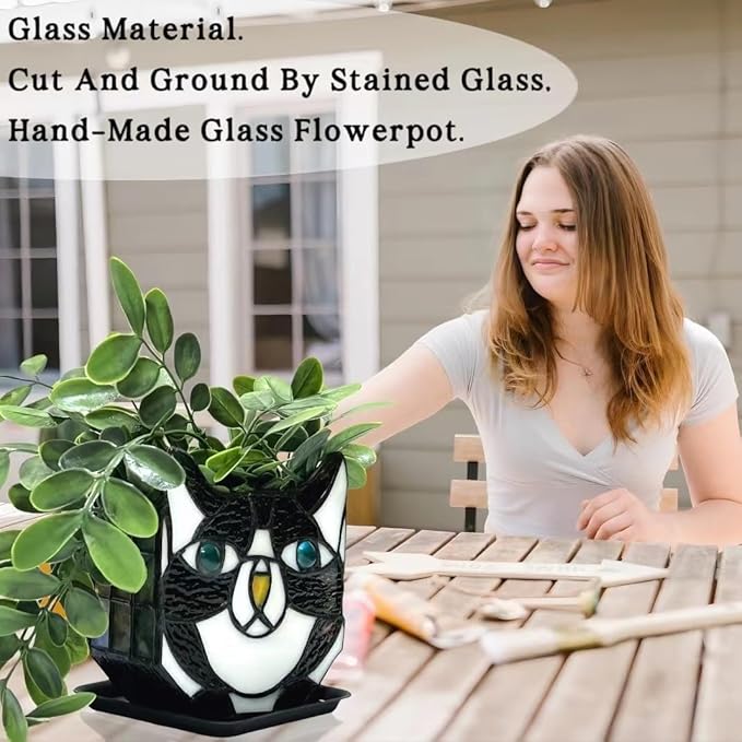 Tiffany Cute Cat Stained Glass Flower Pots,Indoor and Outdoor Plant Displays,Black Cat Plant Planter,Candle Holder Container Decoration 4.6 x 5.15 x 3 inch(Without Succulents)