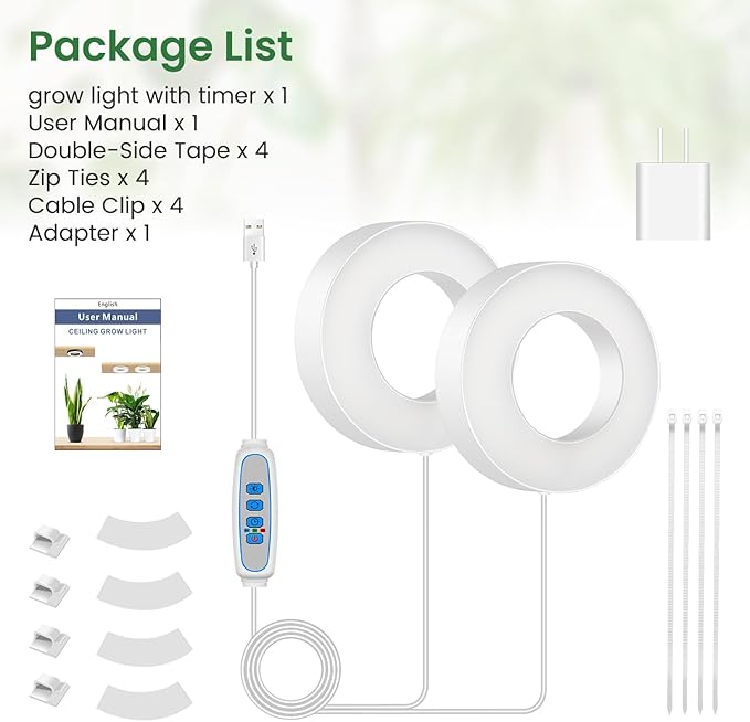 Ceiling Grow Lights for Indoor Plants, 5000K 96 LEDs Full Spectrum Small Plant Light with 6/12/16H Timer, 3 Color Modes, 3.54" Growing Lamp for Small Plants with 96in Power Cord (2-Head)