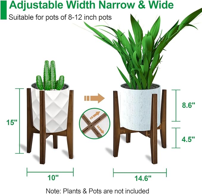 OERGKE Adjustable Plant Stand, Bamboo Mid Century Modern Indoor Plants Stands, Corner Flower Holder for Living Room, Fits 8 to 12 Inches Pots, (Pot & Plant Not Included)(Walnut, 1 Pack)