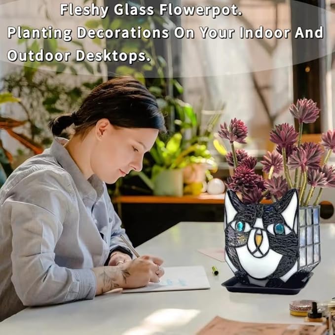 Tiffany Cute Cat Stained Glass Flower Pots,Indoor and Outdoor Plant Displays,Black Cat Plant Planter,Candle Holder Container Decoration 4.6 x 5.15 x 3 inch(Without Succulents)