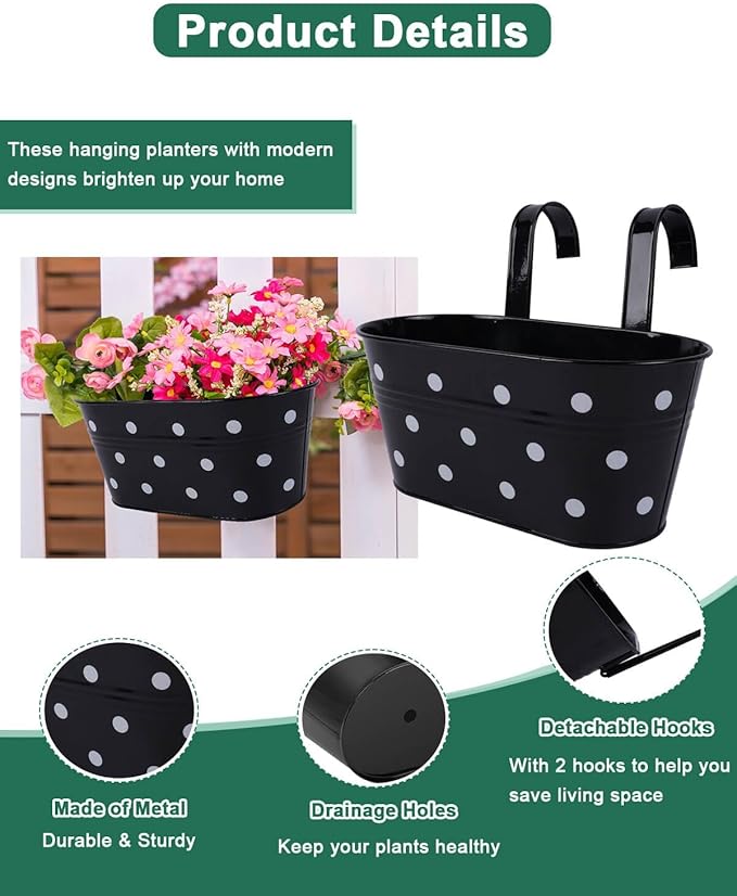 vensovo Metal Railing Planter for Outdoor Plants - 3 Pack Balcony Hanging Flower Pots with Detachable Hooks and Drain Holes Oval Bucket Rail Box Fence Planters for Home Garden Decor, Black with Spot