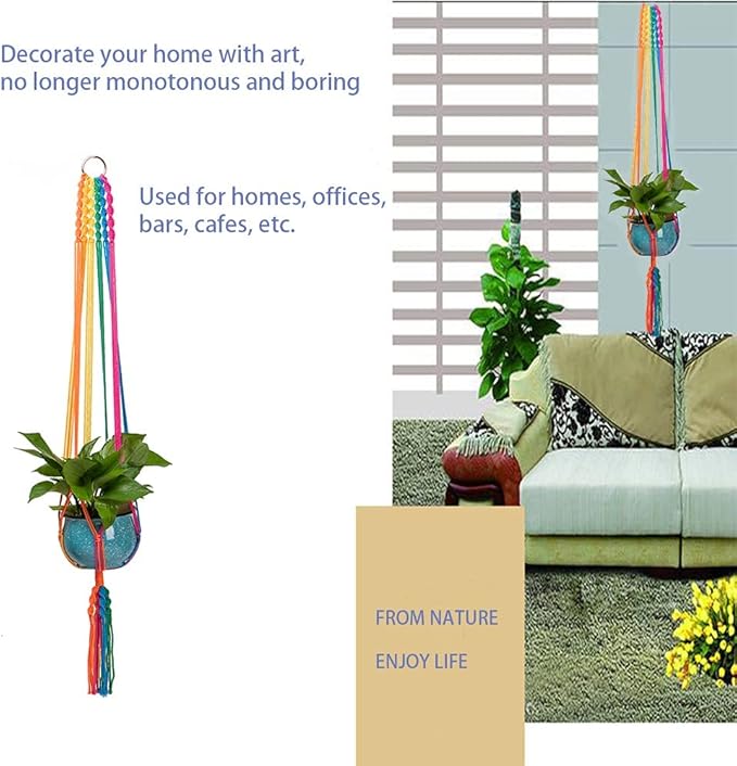 Rainbow Colorful Macrame Plant Hanger with 4 Hooks, Hanging Plant Holder Indoor Outdoor, Handmade Cotton Rope for Boho Room Decor Hanging Ceiling Decor，2 Pack