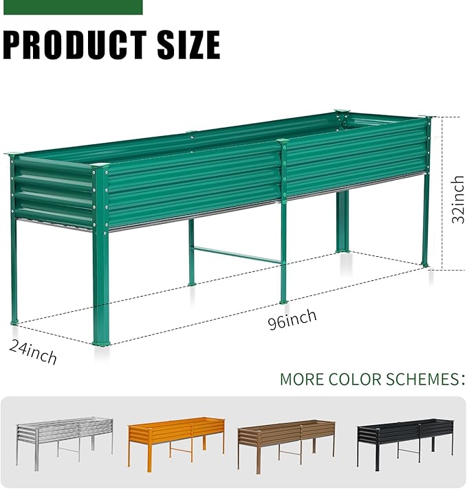 Land Guard Galvanized Raised Garden Bed with Legs, 96×24×32in Raised Garden Beds Outdoor with Drainage Holes, Planter Boxes Outdoor for Backyard, Patio, Balcony, 800lb Capacity, Green