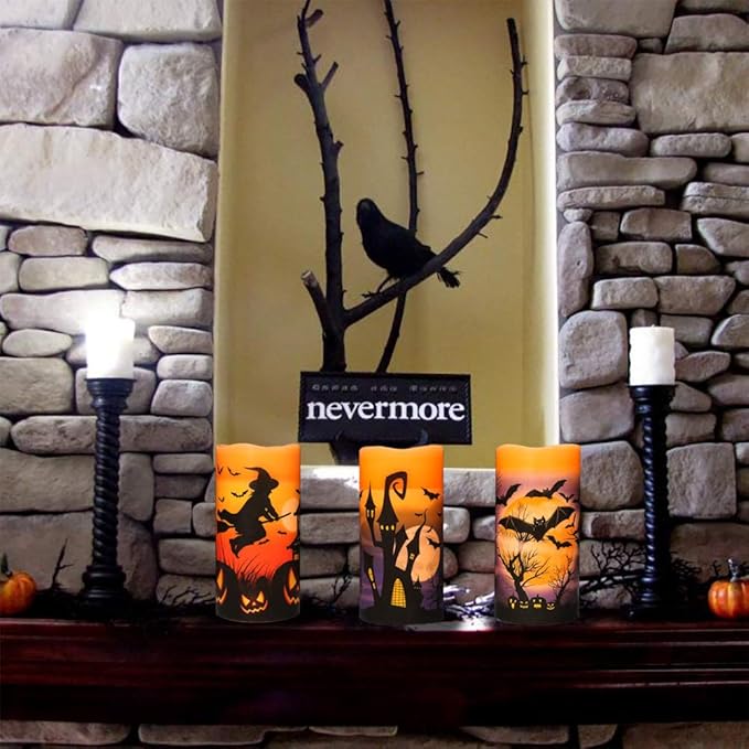 Halloween Real Wax LED Flameless Flickering Candles with 6H Timer, 3 Pcs Pillar Battery Operated Candle Sticks with Halloween Decal for Home Decor(3”x6”)