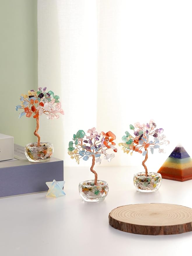 Jovivi Small 7 Chakra Crystals Tree, Natural Crystal Healing Stones Tree Glass Bowl Base Gemstone Money Trees Feng Shui Good Luck Home Desk Decor