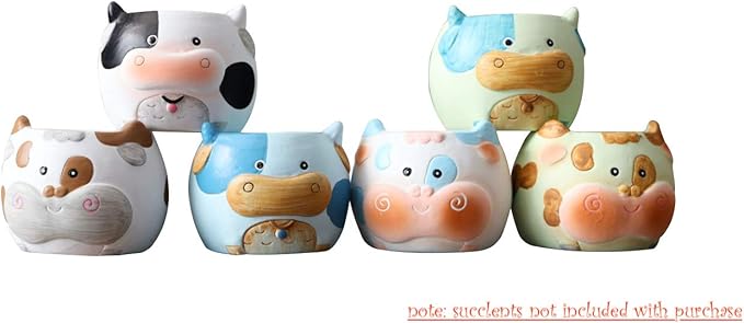 Cow Planter Pots for Small & Succulent Sized Plants, Decorative Indoor & Outdoor Garden Backyard Flower Ceramic Pot Planter Holder, Set of 6, 2.7 in