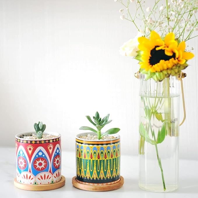 Mandala Succulent Pot with Drainage Hole & Bamboo Coaster, Small Plant Pots, Bohemian Ceramic Succulent Planter Pot for Small Plant-6 Pack