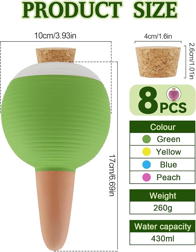 Kalolary 8Pcs Plant Watering Globes, Large Terracotta Automatic Watering Stake Devices with Wooden Stopper for Pots, Planters, Indoor, Outdoor