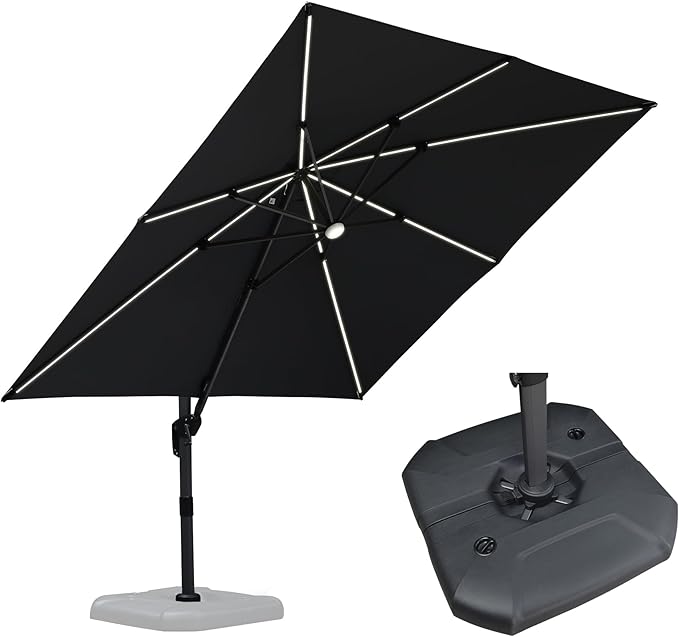 PURPLE LEAF 10 Feet Patio Umbrella with Base Outdoor Cantilever Solar Powered LED Square Umbrella Aluminum Offset Umbrella with 360-degree Rotation for Garden Deck Pool Patio, Grey