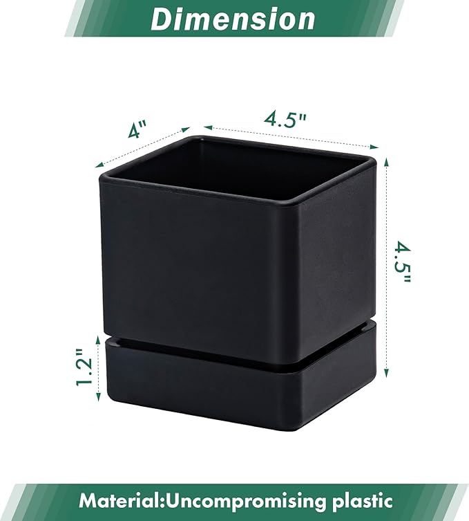 4 Inch Herb Planter Pot, Plastic Planter with Drainage Holes and Saucer, Modern Decorative Gardening Pot for Indoor Plants, Flowers, Herbs, Succulents, Black, Set of 2, 76-Y-B-2