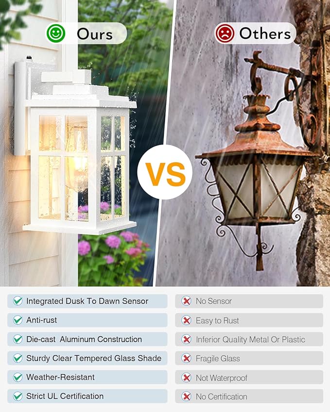 White Outdoor Light Fixture, 2 Pack Dusk to Dawn Exterior Lighting Fixtures, Anti-Rust Porch Lights, Dusk to Dawn Outdoor Lighting for House, Garage, Garden, Entryway, Doorway