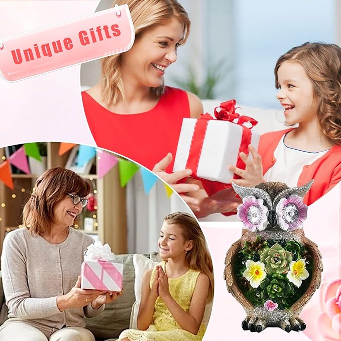 Owl Garden Statue,Solar Garden Statues with Flower LED Lights, Resin Owl Figurine for Lawn Patio Porch Yard Deco Gifts for Women/Mom/Grandma